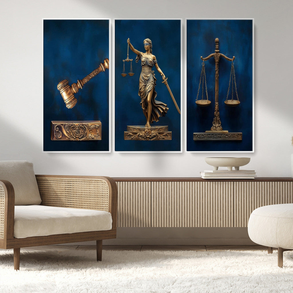 Lady Justice Wall Art Canvas Print, Elegant Gold Legal Symbols on Blue, Law Office Decor
