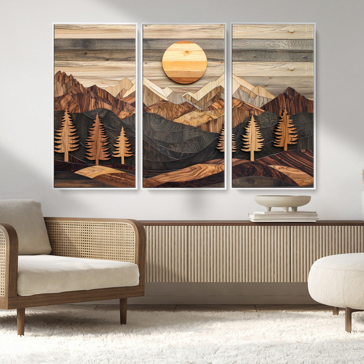 Wooden Mountain Layers Art | Rustic Pine Tree Landscape