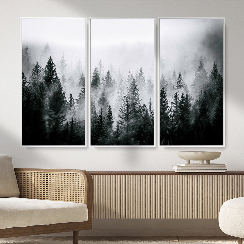 Foggy Forest Wall Art Canvas Print, Mountain Woodland Landscape, Minimal Nature Decor