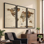 Vintage World Map Wall Art Canvas Print for Living Room, Office and Study