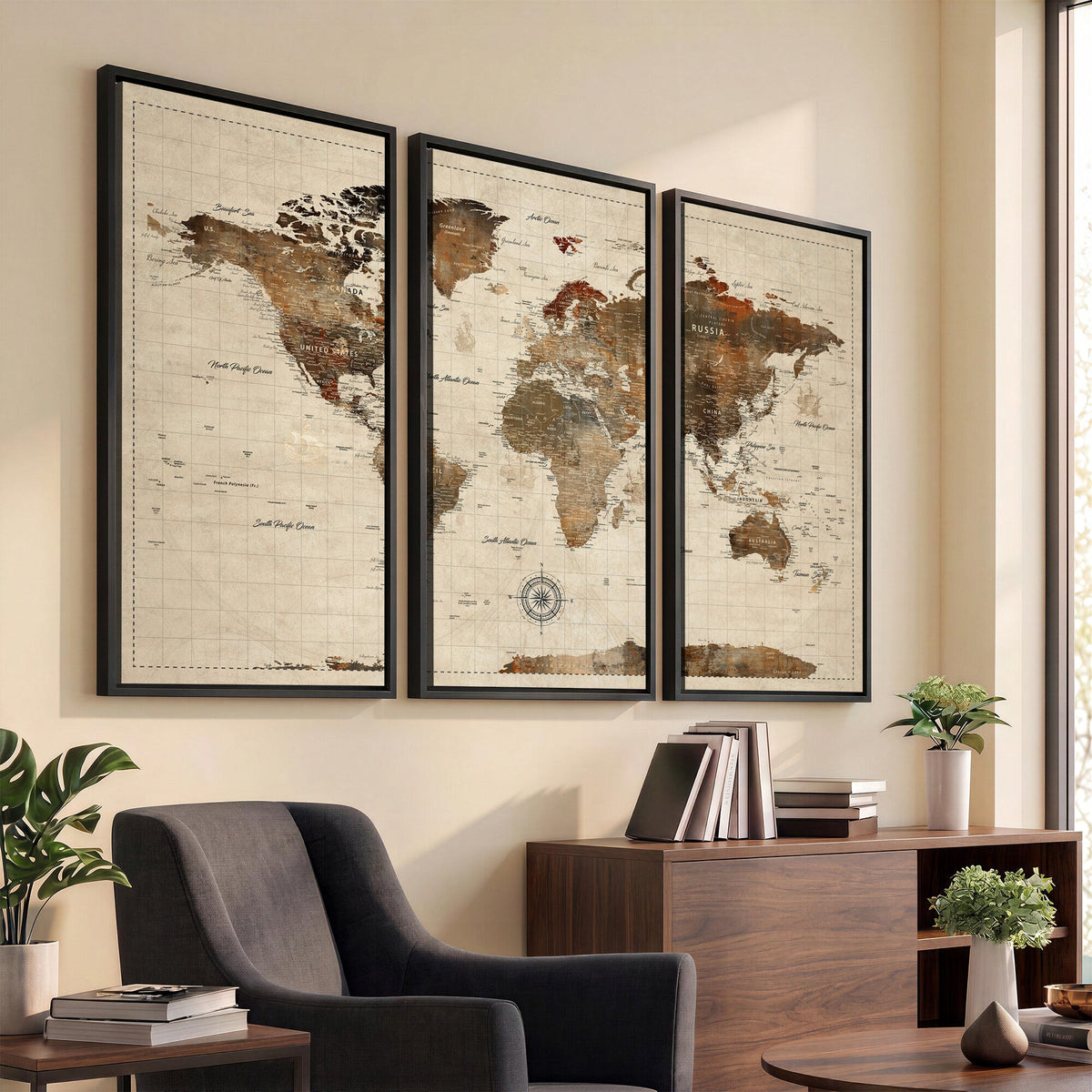 Vintage World Map Wall Art Canvas Print for Living Room, Office and Study