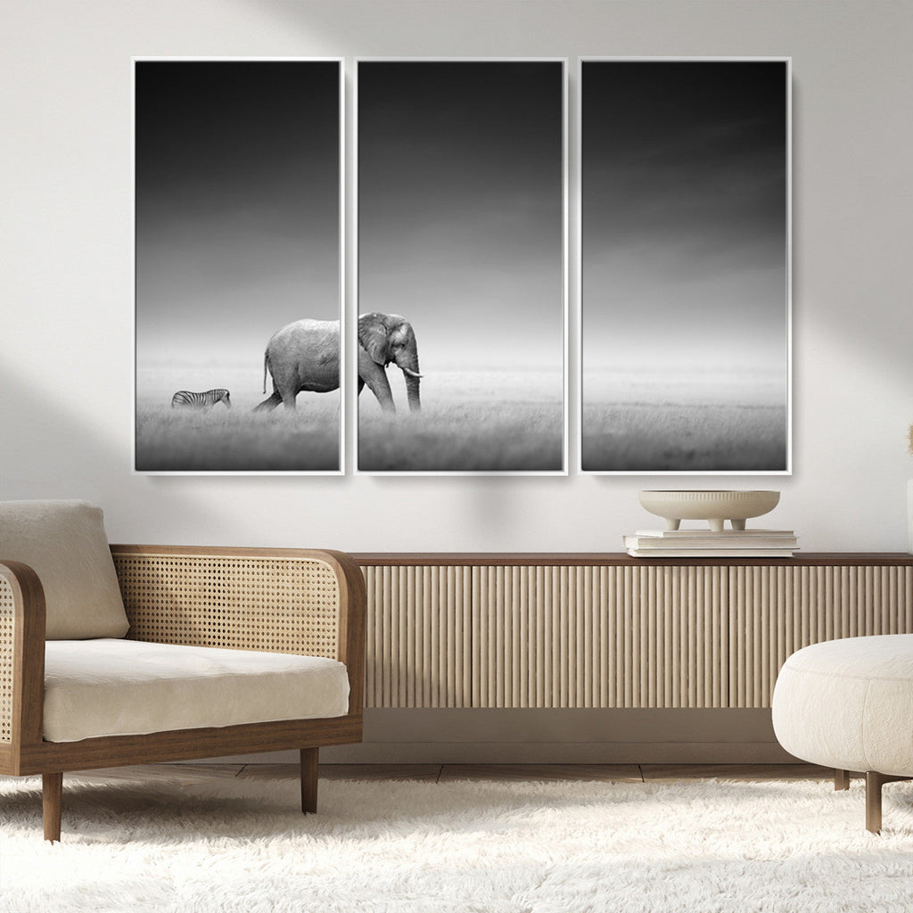 Elephant and Zebra Wall Art Canvas Print, Modern Artwork
