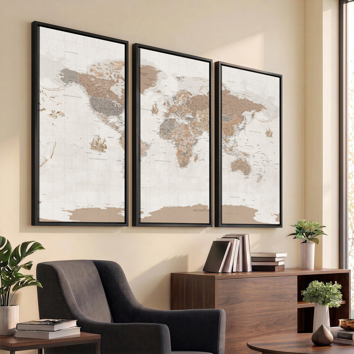Framed Large World Map Canvas Print for Office Decor