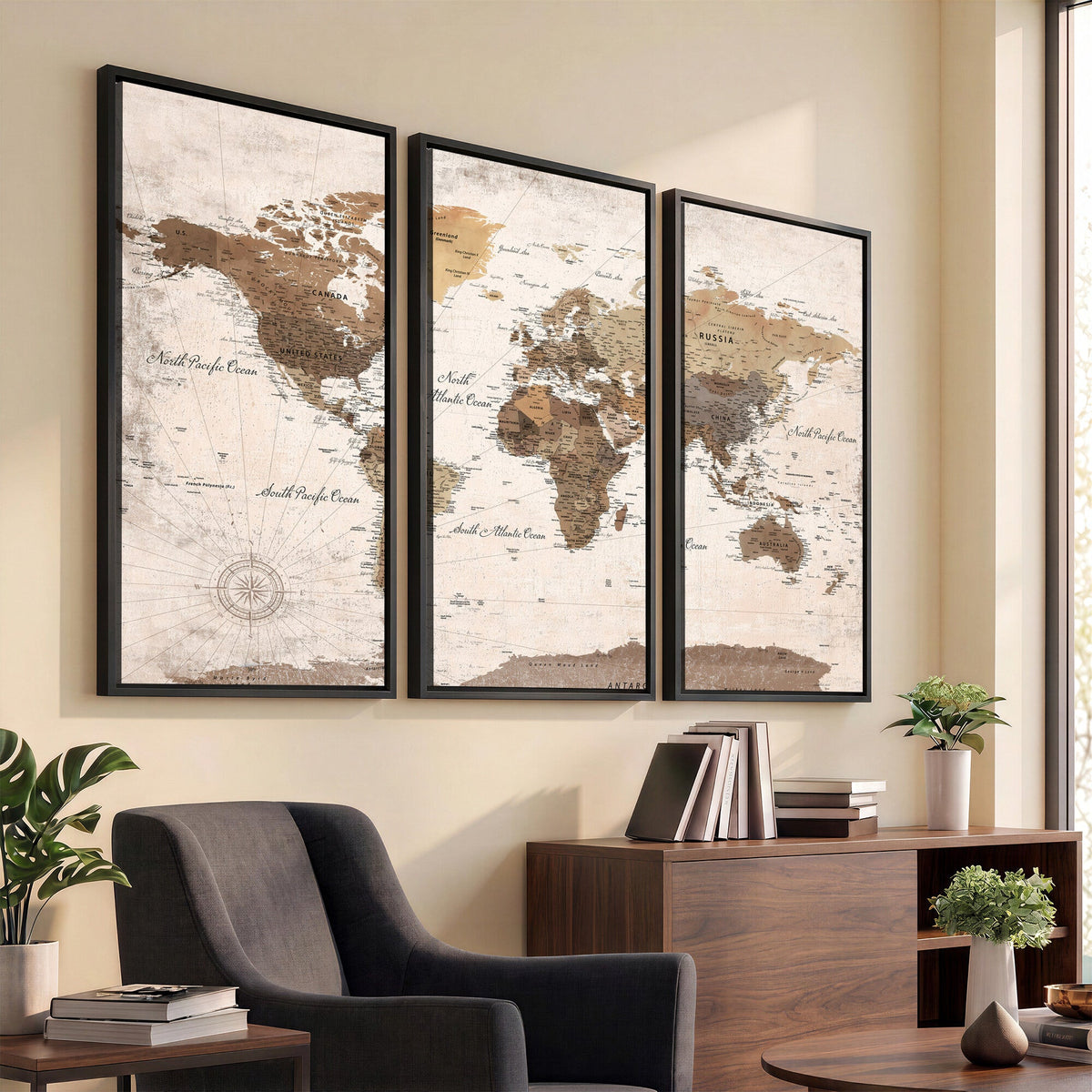 Modern World Map Canvas Print | Framed Travel Map Wall Art