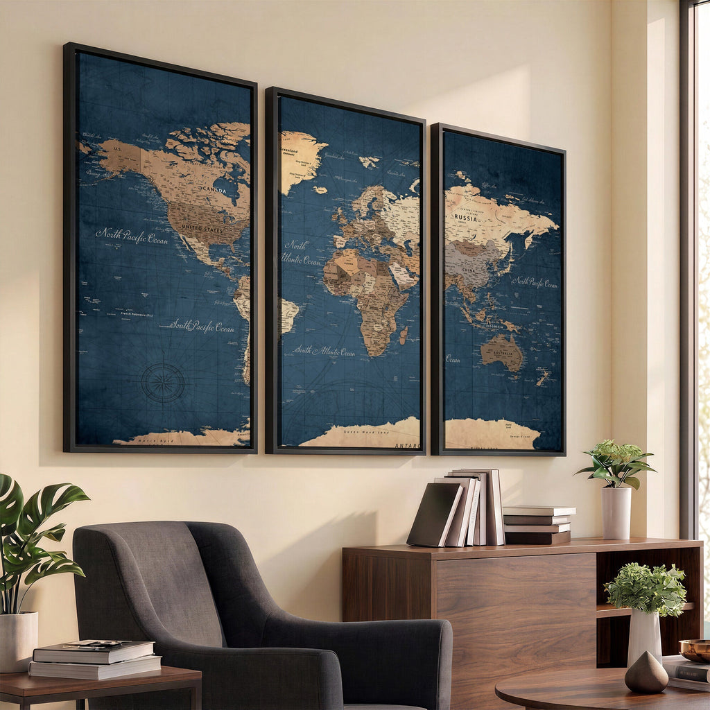 Navy Blue World Map Canvas Print | Framed Travel Map Wall Art