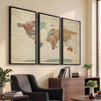 Vintage World Map Canvas Wall Art Print | Framed Modern World Map