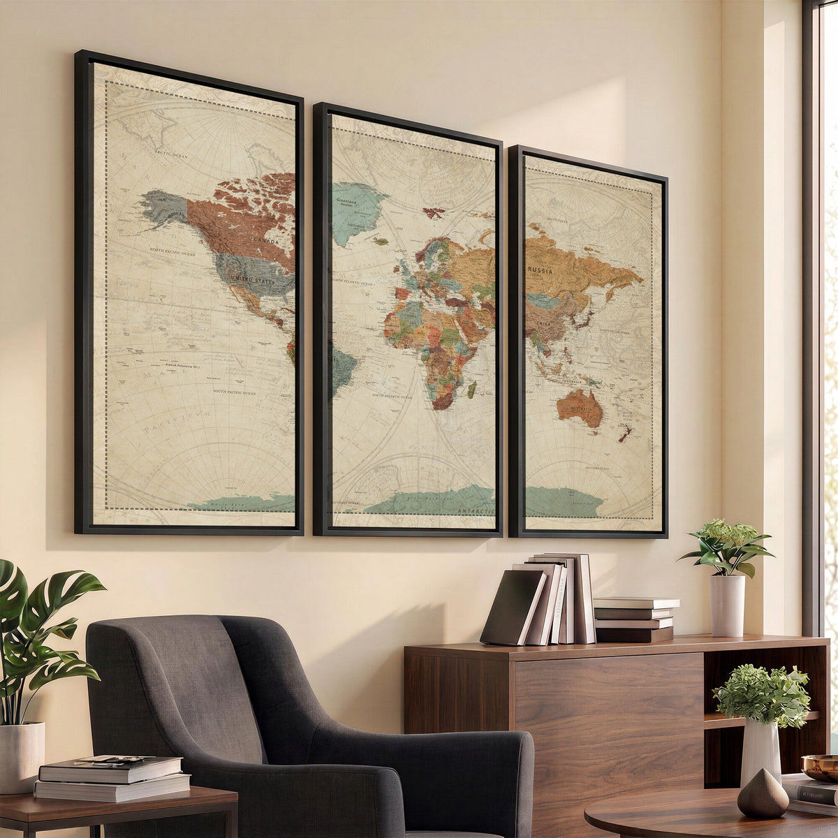 Vintage World Map Canvas Wall Art Print | Framed Modern World Map