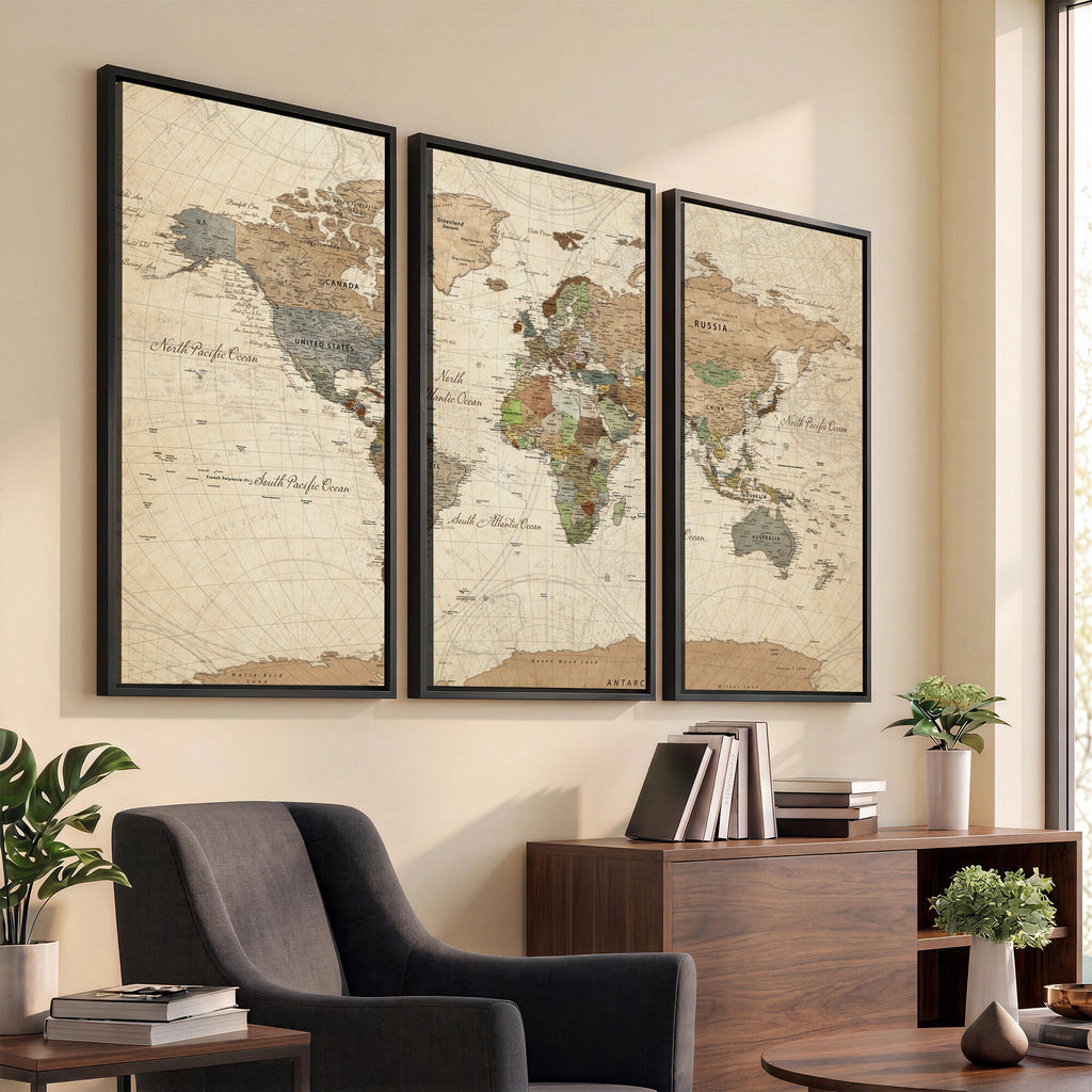 Framed World Map Wall Art for Home and Office Decor
