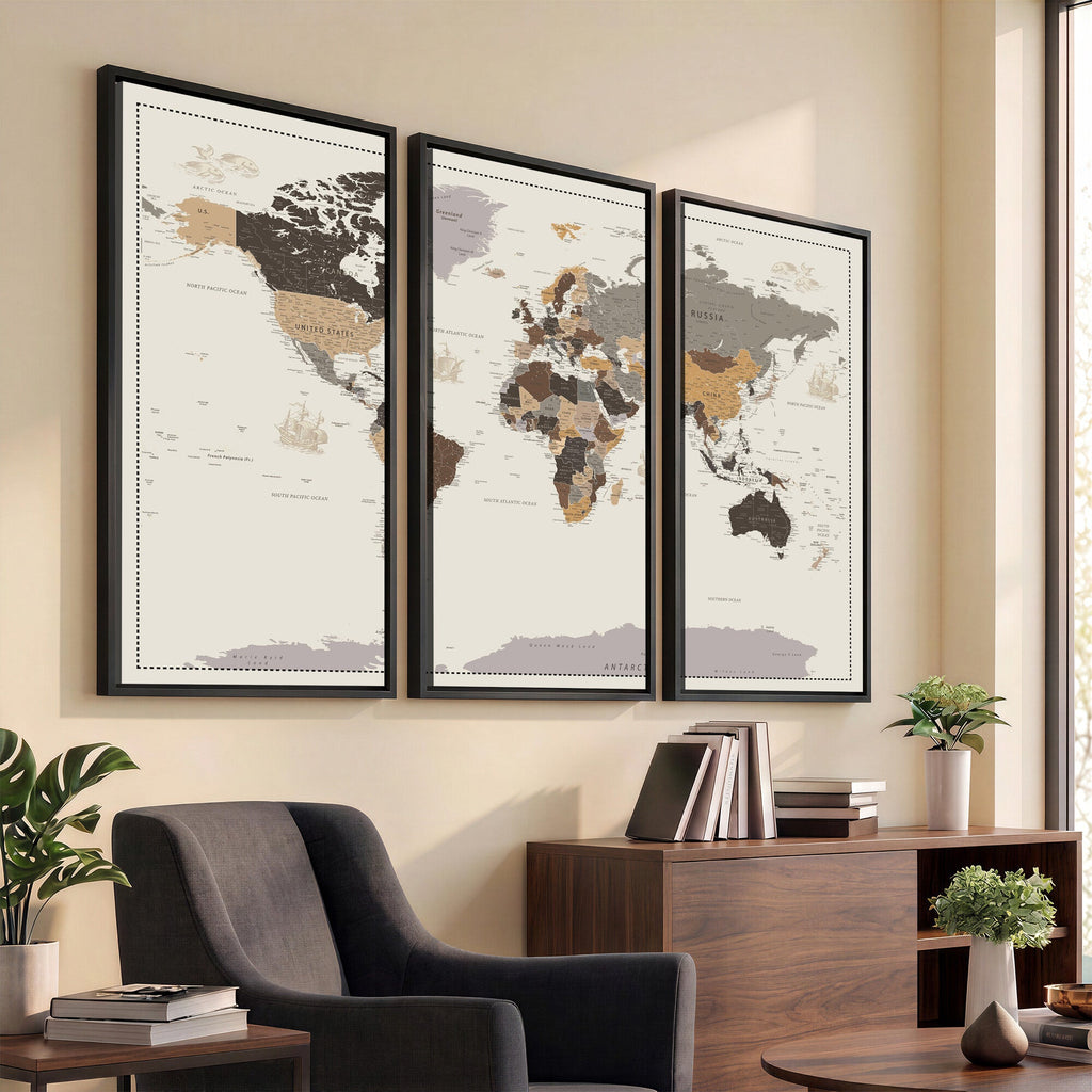 Custom Beige Modern Push Pin World Map Canvas Print, Places Visited Tracker, Bedroom and Study Decor