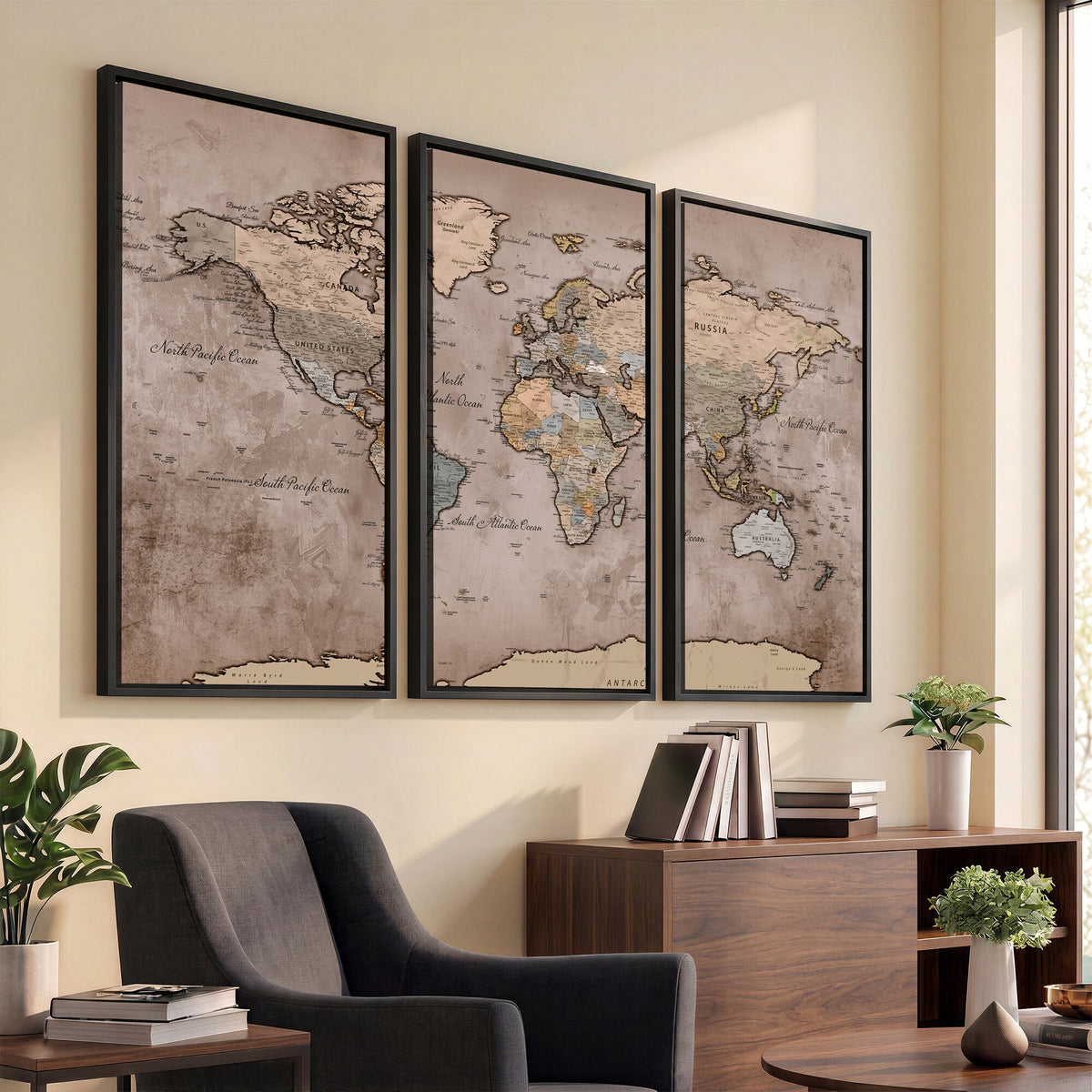 Grunge World Map Canvas Wall Art - Vintage Aged World Map with Golden Tones