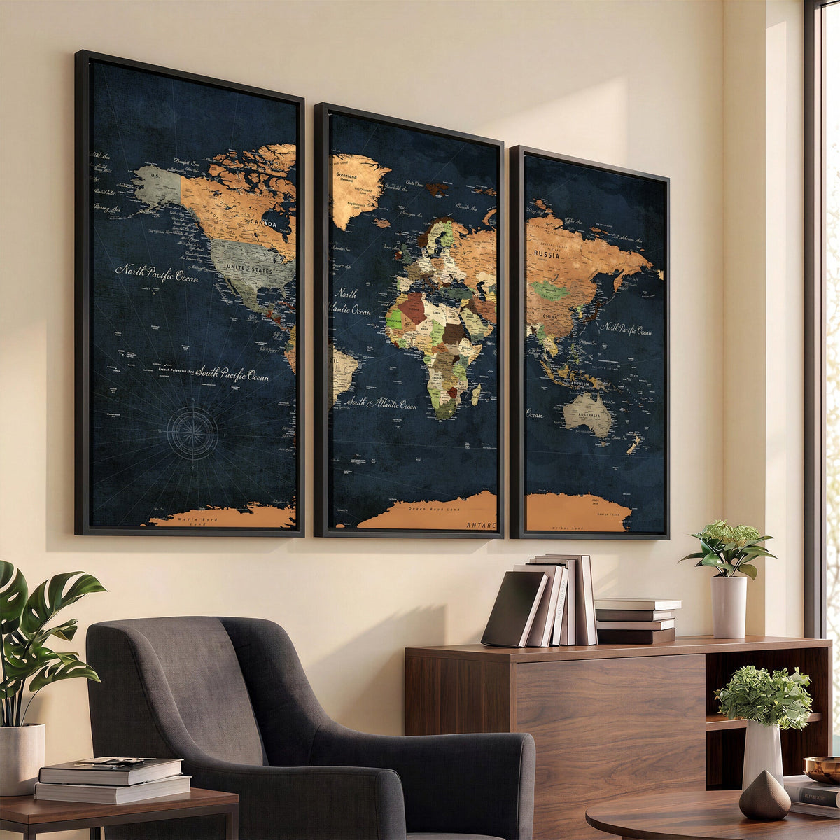 Vintage World Map Canvas Wall Art | Detailed Map with Countries, Oceans and Continents