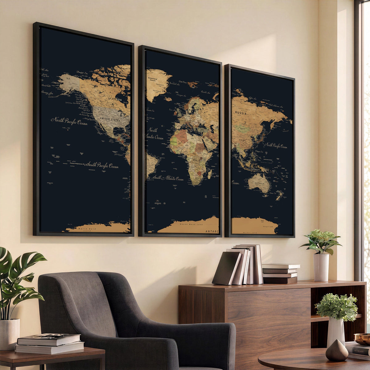 Vintage World Map Earth Globe Countries Oceans Continents