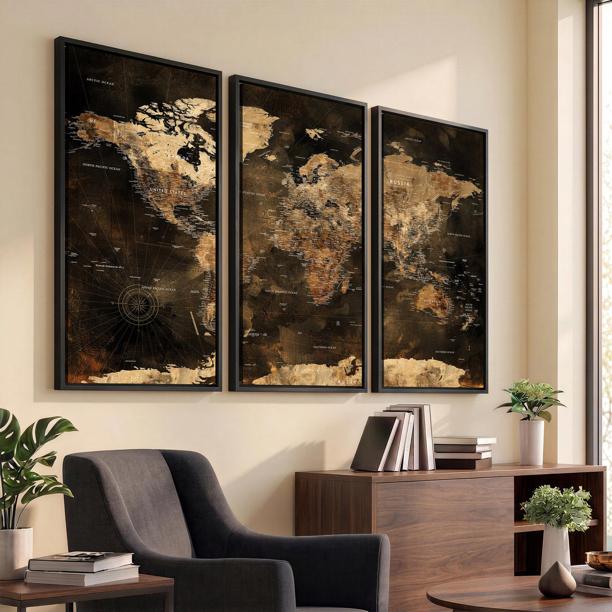 World Map Canvas Print, Modern Decorative Framed Map Artwork