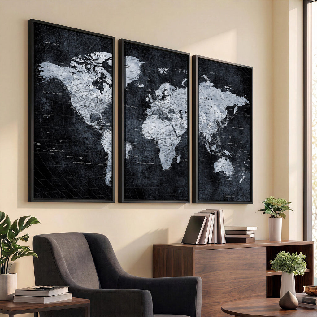 Black World Map Canvas Print | Detailed Map for Couples and Anniversary Gift