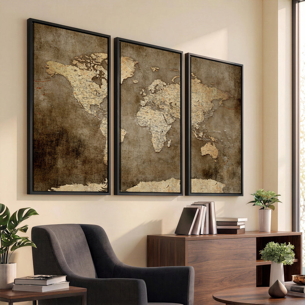 Dark Vintage World Map Canvas Wall Art Print, Antique Map Artwork