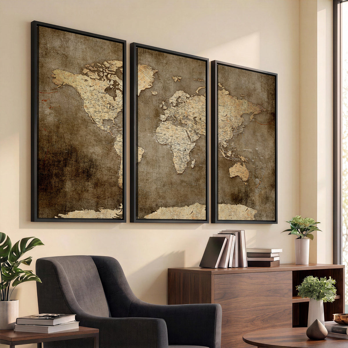 Dark Vintage World Map Canvas Wall Art Print, Antique Map Artwork