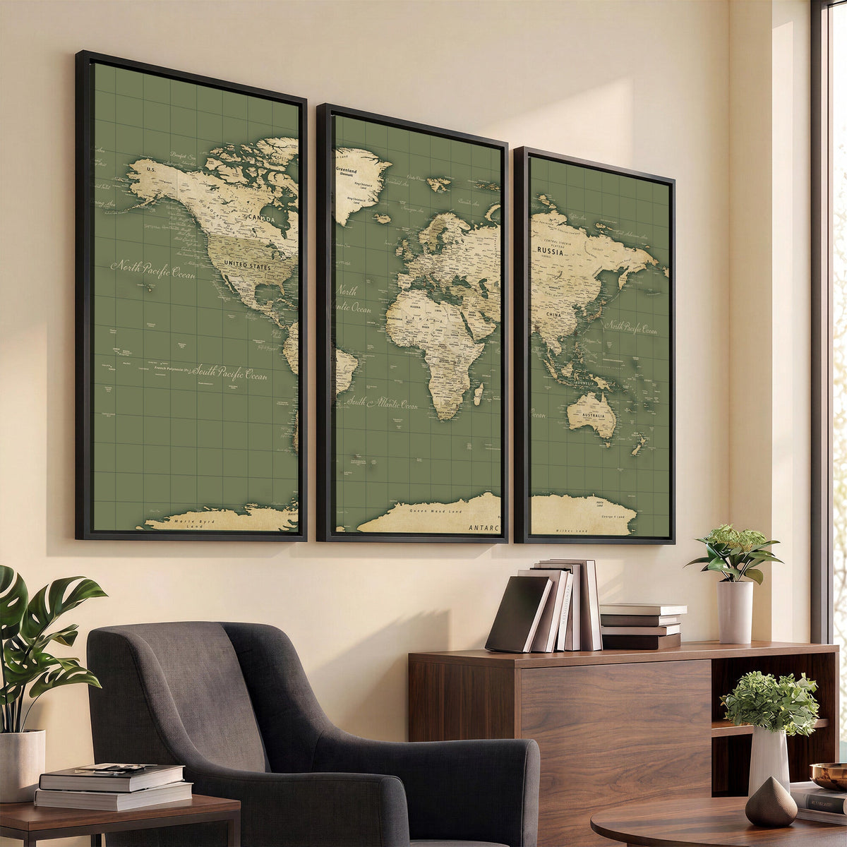 Vintage World Map Canvas Wall Art Print, Classic Global Map Artwork