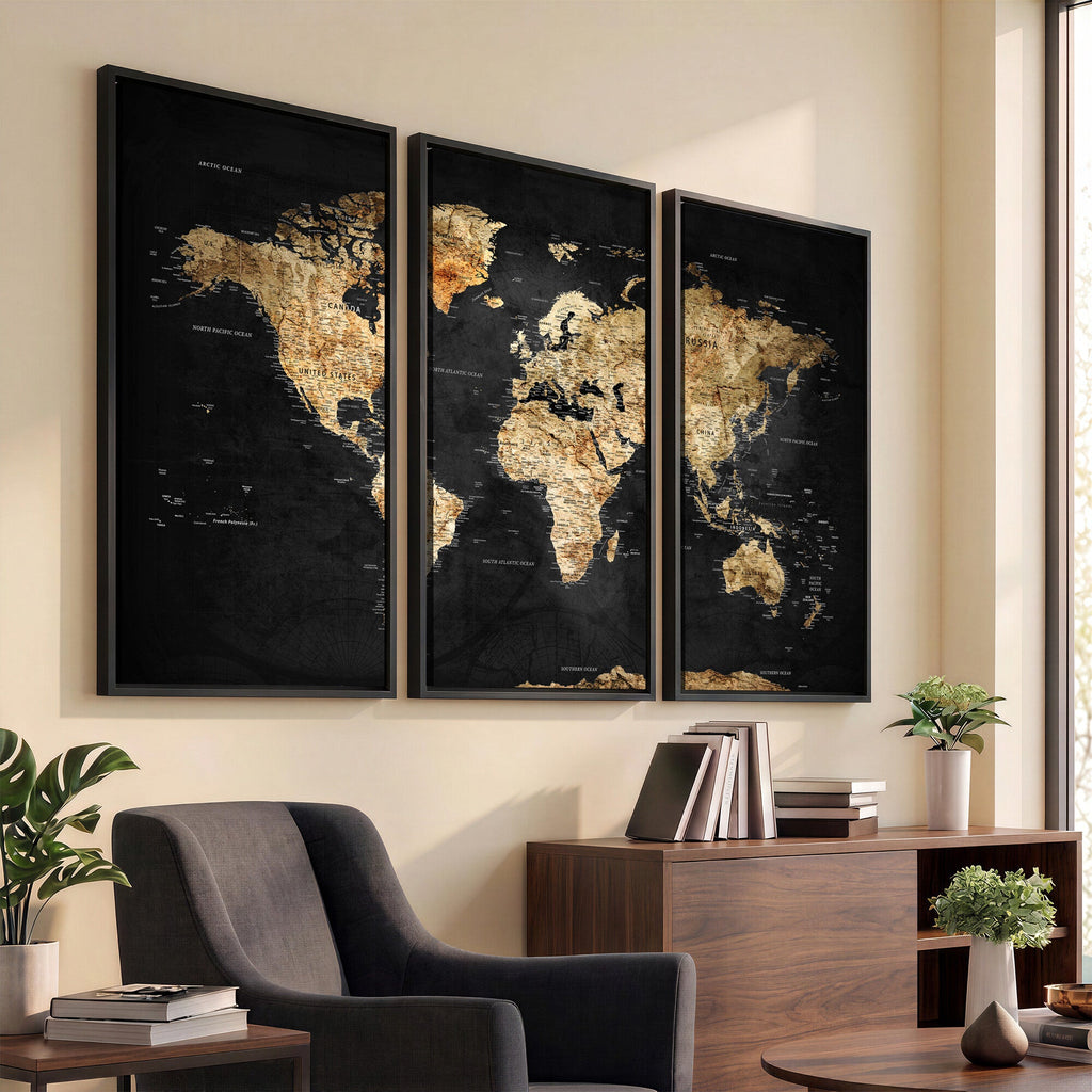 World Map Canvas Wall Art with Famous Landmarks | Framed Travel Map