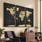 Vintage Blue and Brown World Map Canvas Wall Art | Framed Rustic Map Print