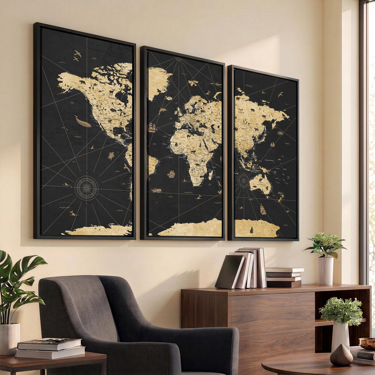 Vintage Blue and Brown World Map Canvas Wall Art | Framed Rustic Map Print