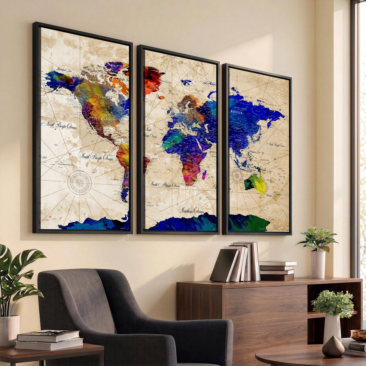 Watercolor World Map Canvas Print | Framed Wall Art for Couples