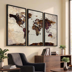 World Map Canvas Triptych | Colorful Global Wall Art for Living Rooms