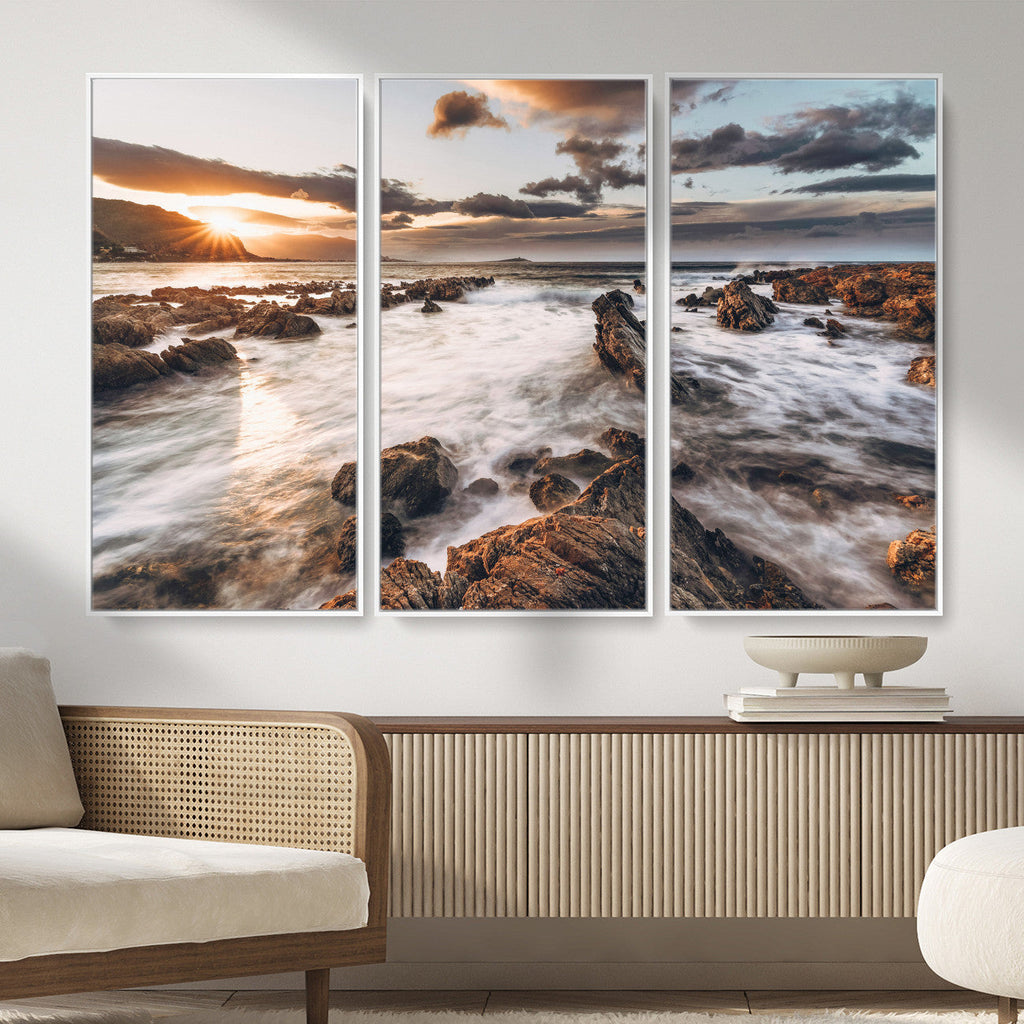 Rocky Coast Ocean Sunset Wall Art Canvas Print, Dramatic Seascape Nature Decor