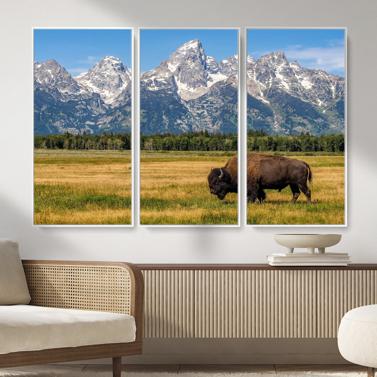 Bison in Mountain Landscape Wall Art Canvas Print, Western Decor
