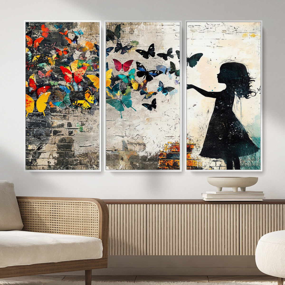 Banksy Butterfly Girl Wall Art Canvas Print, Framed Street Art
