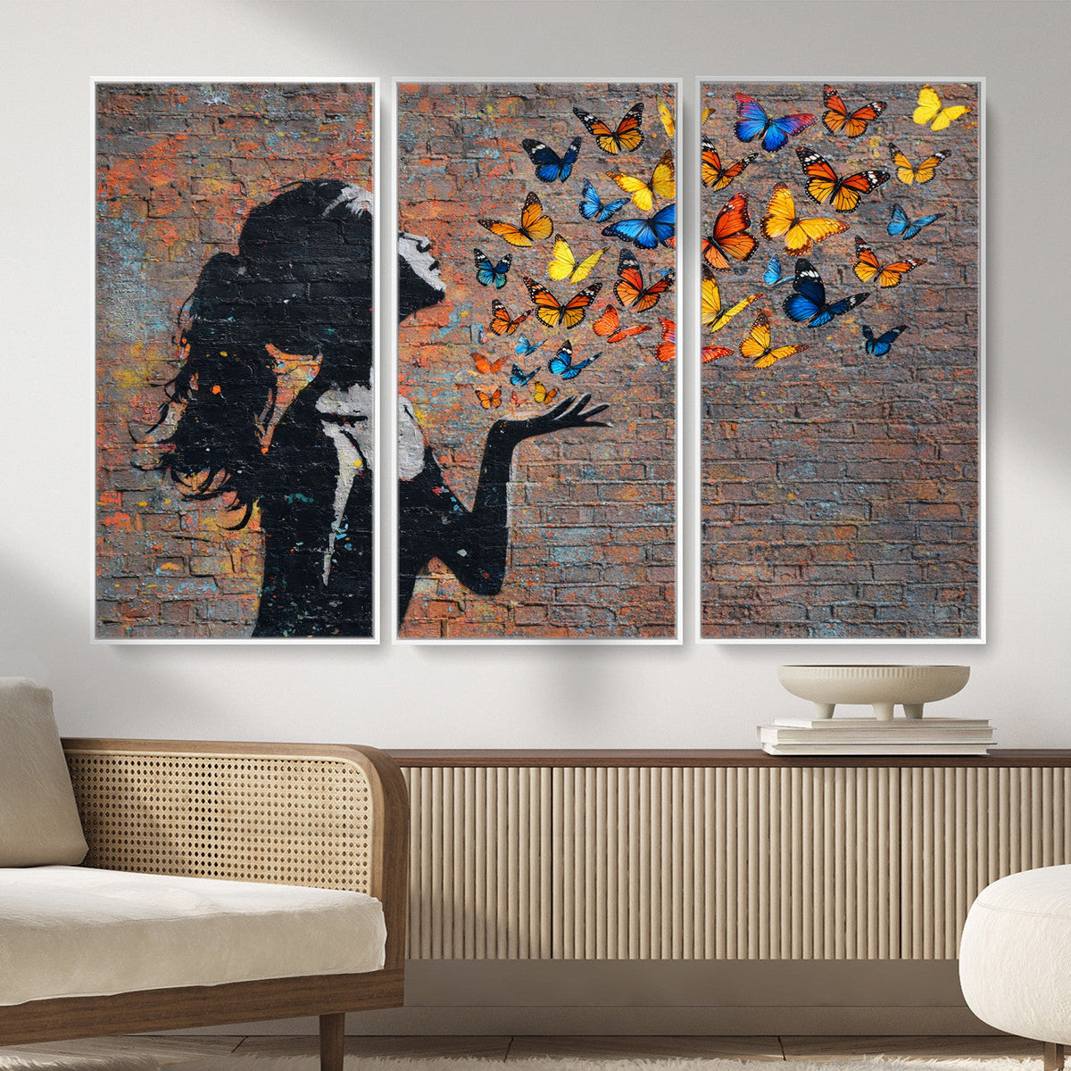 Urban Banksy Butterfly Girl Wall Art Canvas Print, Framed
