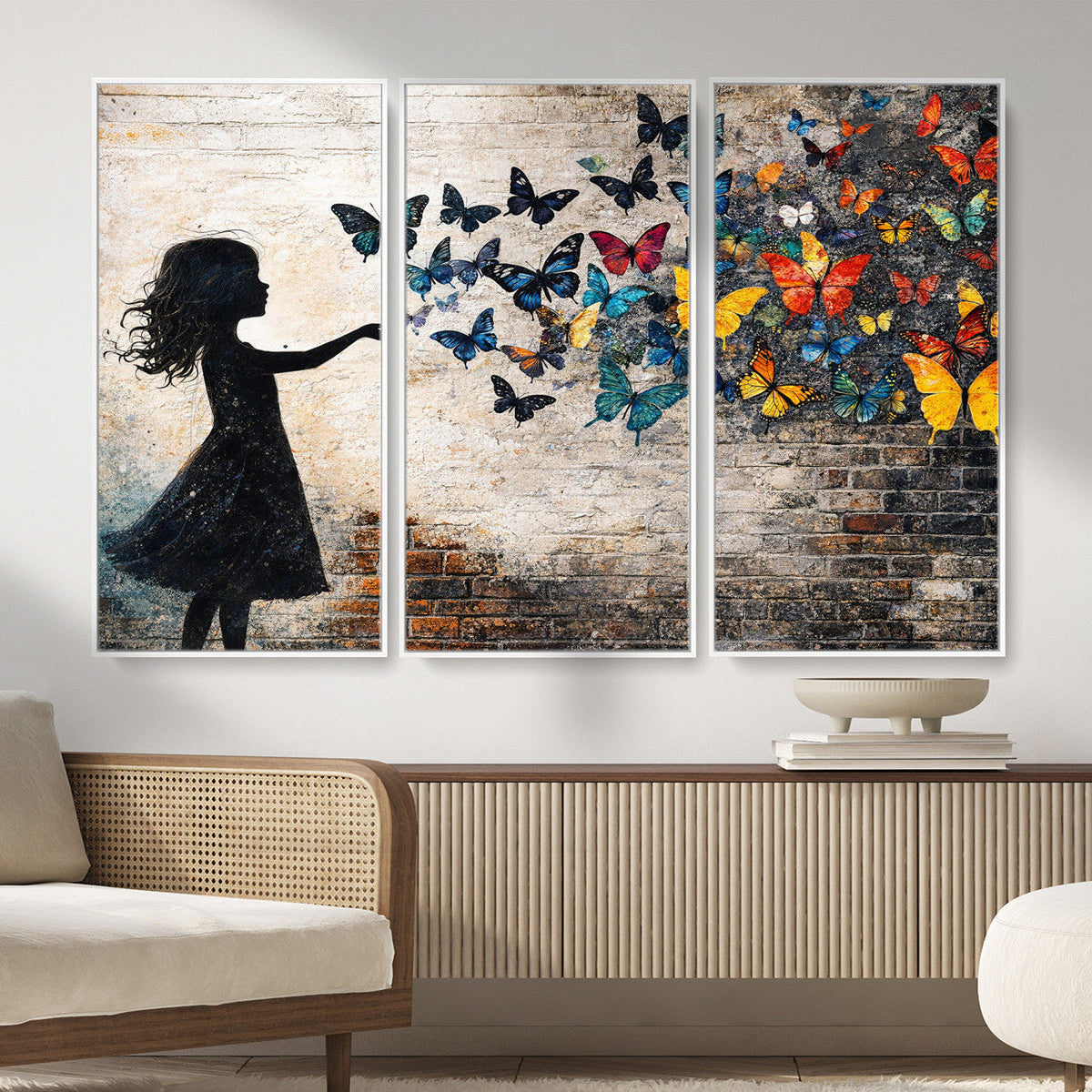Banksy Butterfly Girl Wall Art Canvas Print, Framed Street Art
