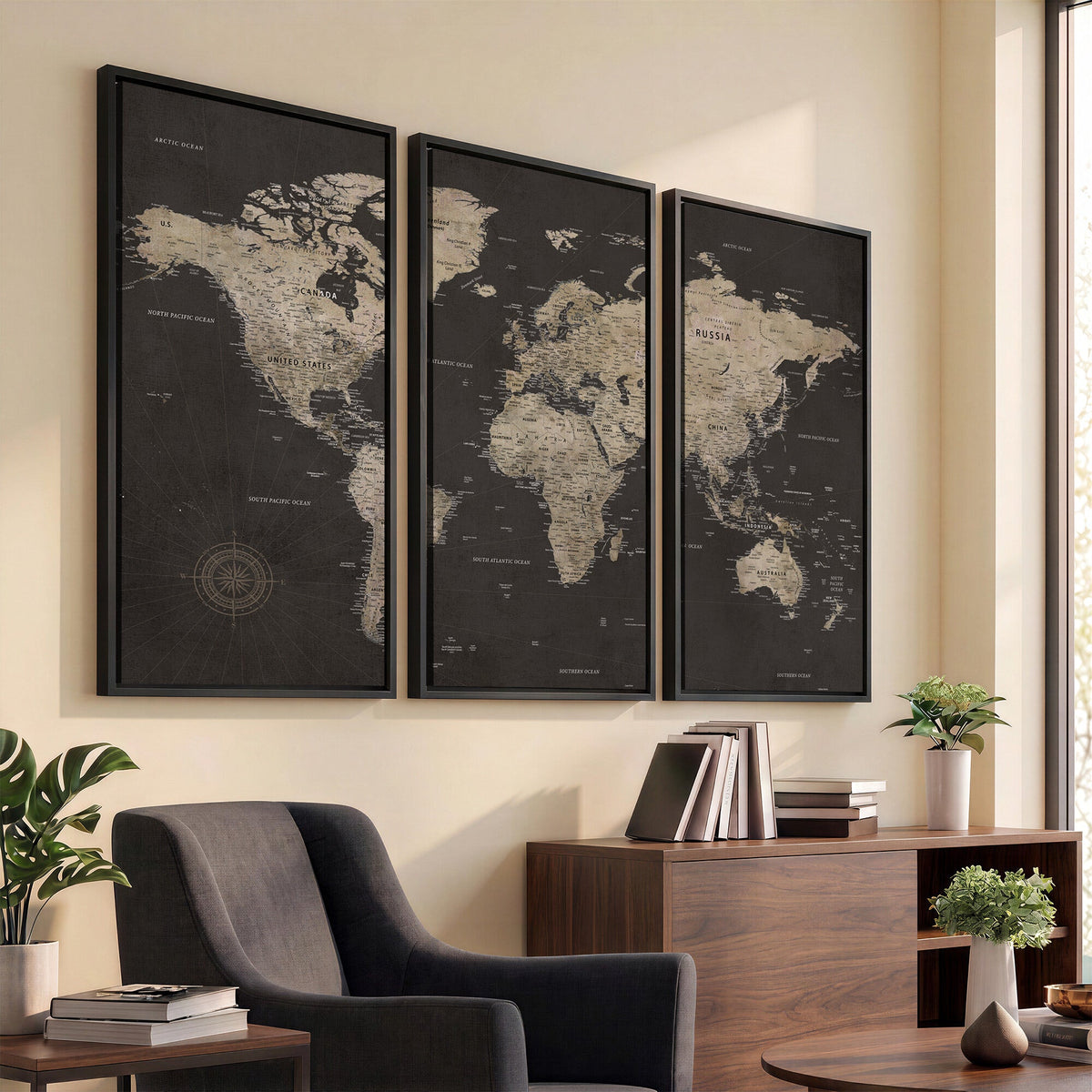 World Map Canvas Wall Art, Dark Charcoal and Antique Tan Detailed Map