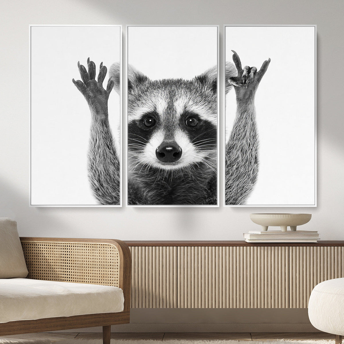 Funny Raccoon Canvas Wall Art, Black White Hands Up Animal Photo Print