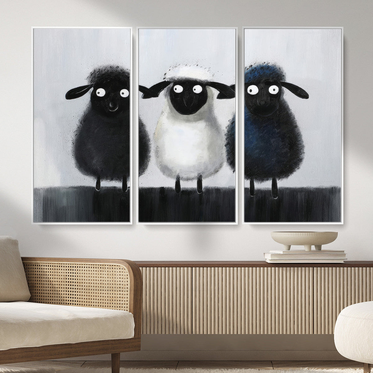 Funny Sheep Canvas Wall Art, Three Quirky Sheep Painting Print, Cute Nursery Decor