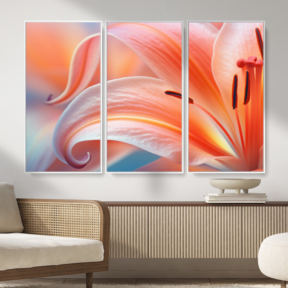 Peach Lily Canvas Wall Art, Coral Pink Flower Macro Photo Print, Botanical Decor
