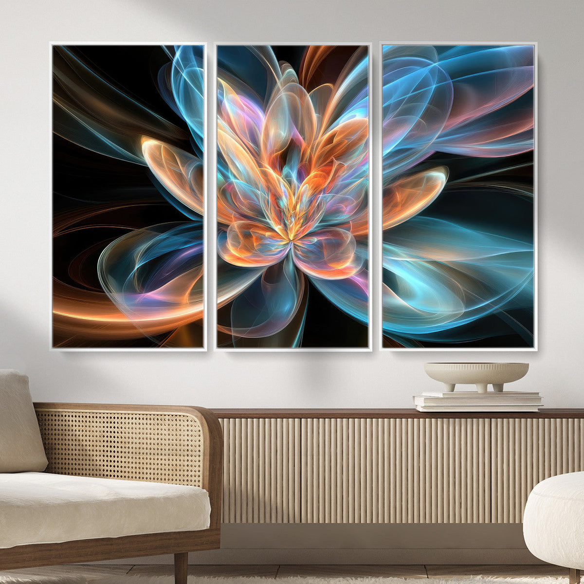 Fractal Lotus Canvas Wall Art, Blue Orange Glowing Flower Abstract Print