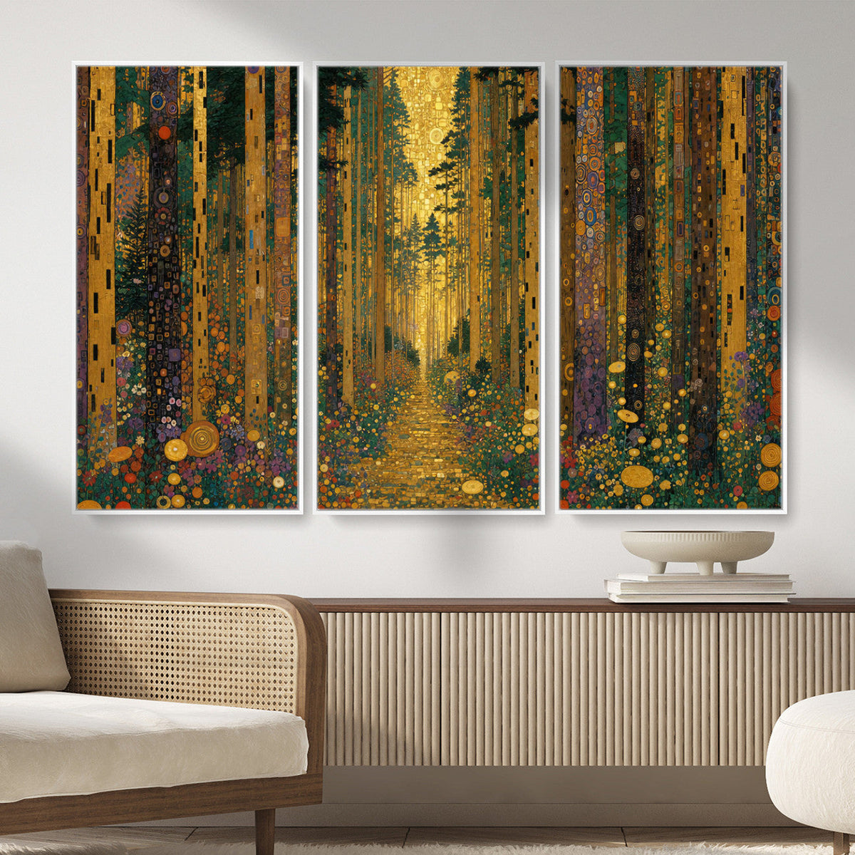 Gustav Klimt Style Forest Canvas Wall Art, Golden Forest Path Floral Art Nouveau Print