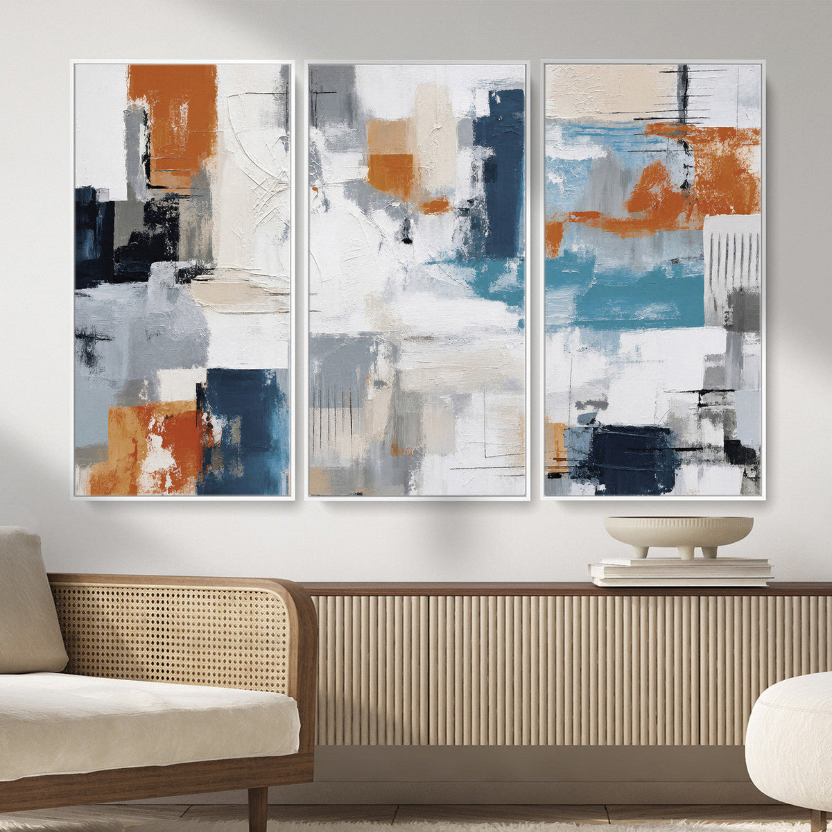 Blue Teal Abstract Canvas Wall Art, Modern Brushstroke Style Print, Navy Orange Contemporary Decor