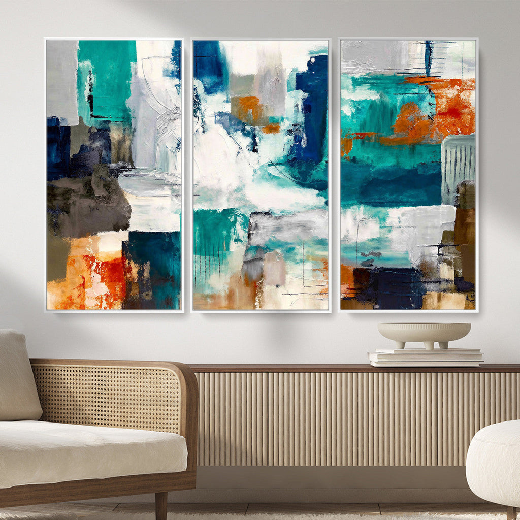 Blue Teal Abstract Canvas Wall Art, Modern Brushstroke Style Print, Navy Orange Contemporary Decor