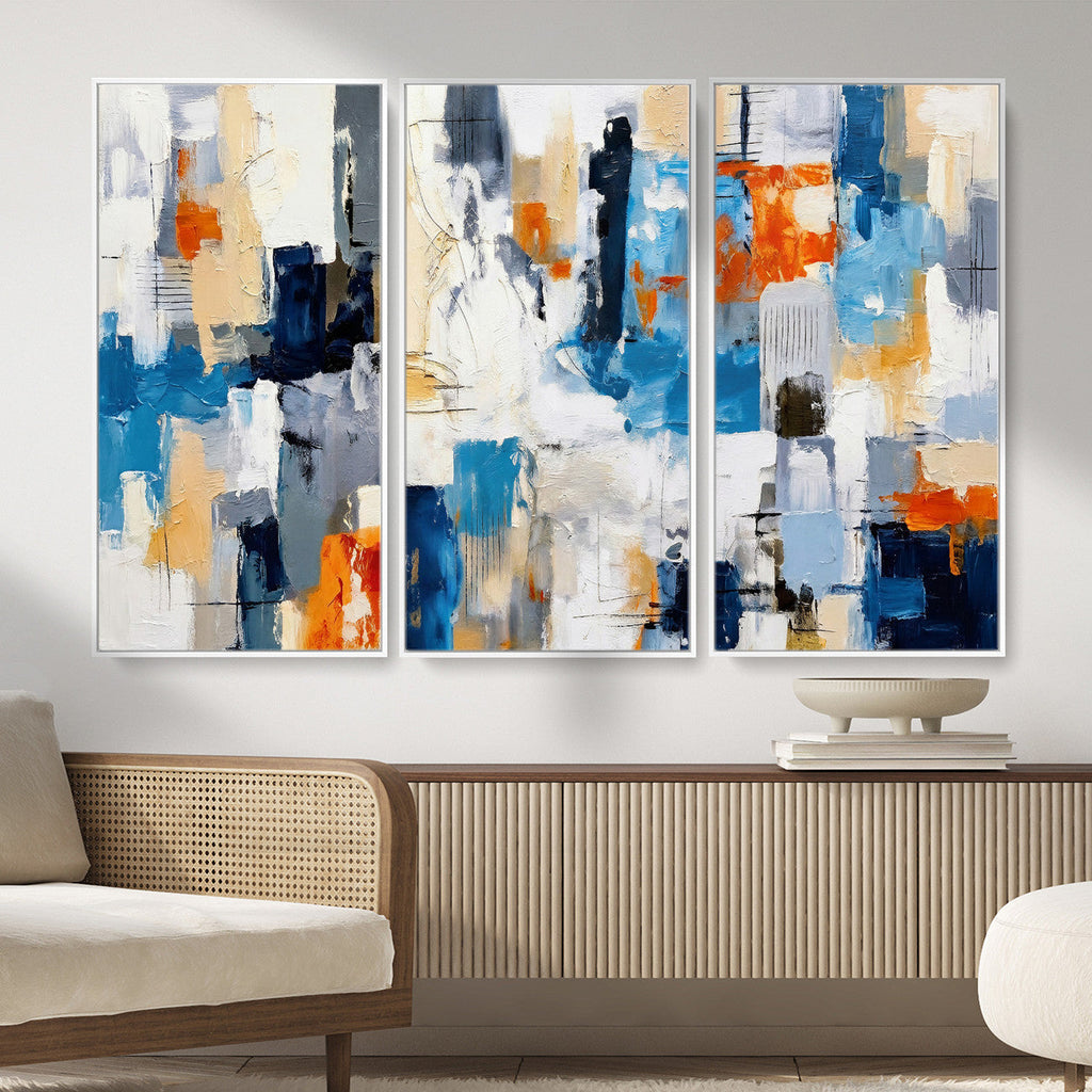 Blue Teal Abstract Canvas Wall Art, Modern Brushstroke Style Painting Print, Navy Orange Contemporary Decor