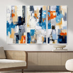 Blue Teal Abstract Canvas Wall Art, Modern Brushstroke Style Painting Print, Navy Orange Contemporary Decor