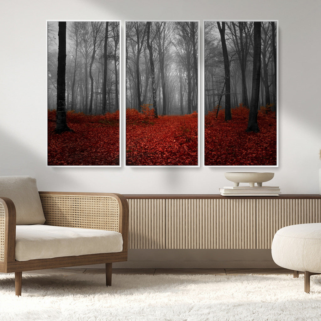 Red Forest Floor Canvas Wall Art | Mystical Foggy Woodland Triptych