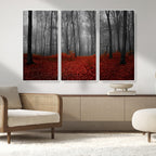 Red Forest Floor Canvas Wall Art | Mystical Foggy Woodland Triptych