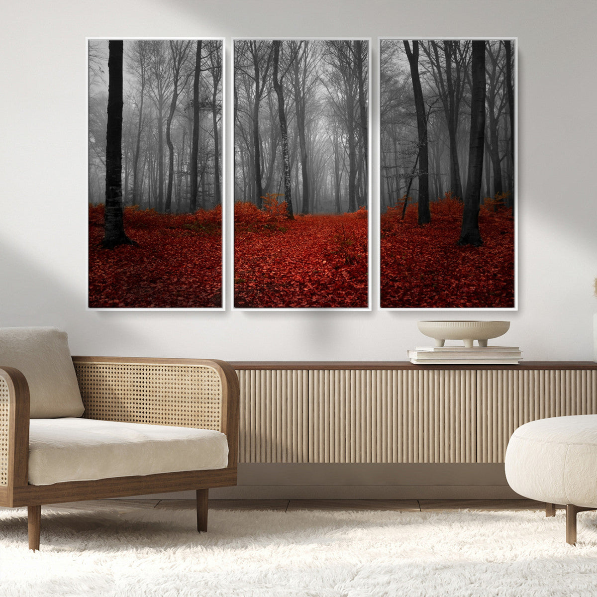 Red Forest Floor Canvas Wall Art | Mystical Foggy Woodland Triptych