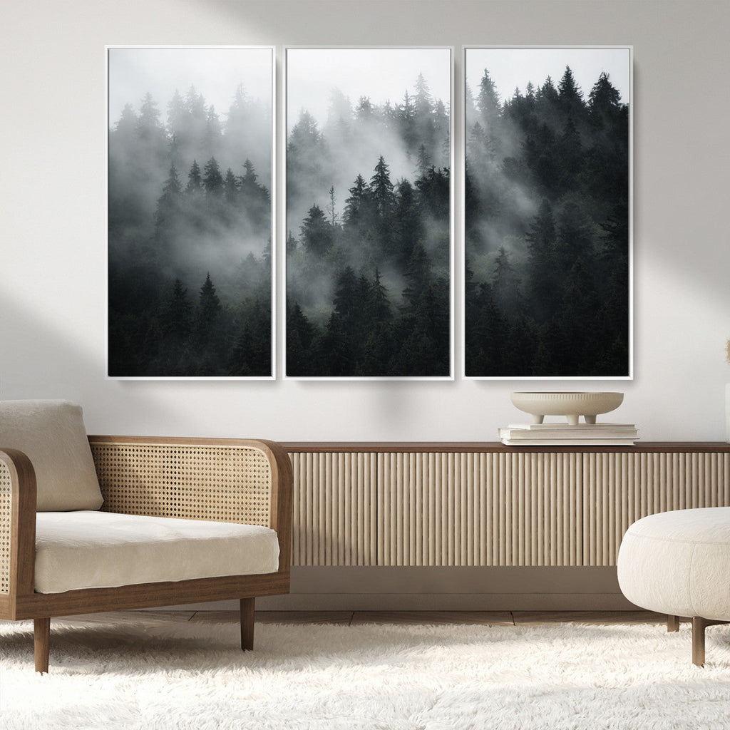 Foggy Forest Wall Art Canvas Print | 3 Panel Large Misty Landscape
