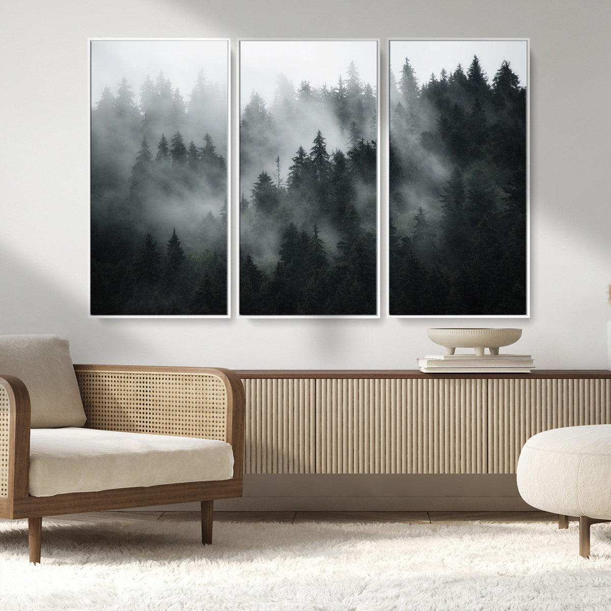 Foggy Forest Wall Art Canvas Print | 3 Panel Large Misty Landscape