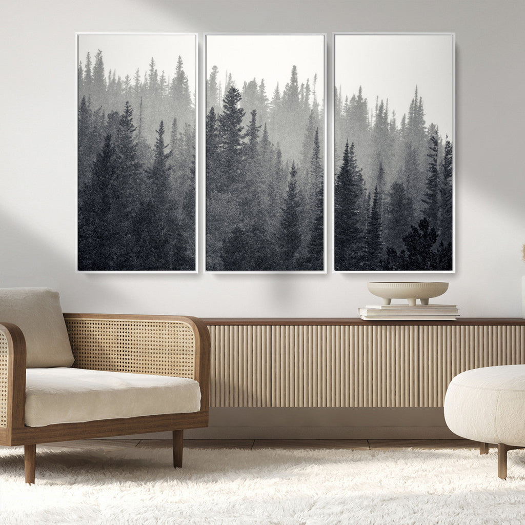 Misty Forest Canvas Wall Art | Monochrome Triptych Pine Tree Print