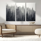Misty Forest Canvas Wall Art | Monochrome Triptych Pine Tree Print