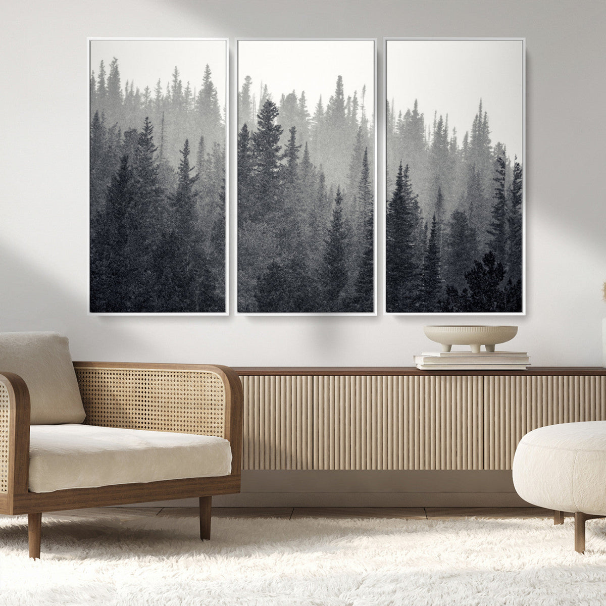 Misty Forest Canvas Wall Art | Monochrome Triptych Pine Tree Print