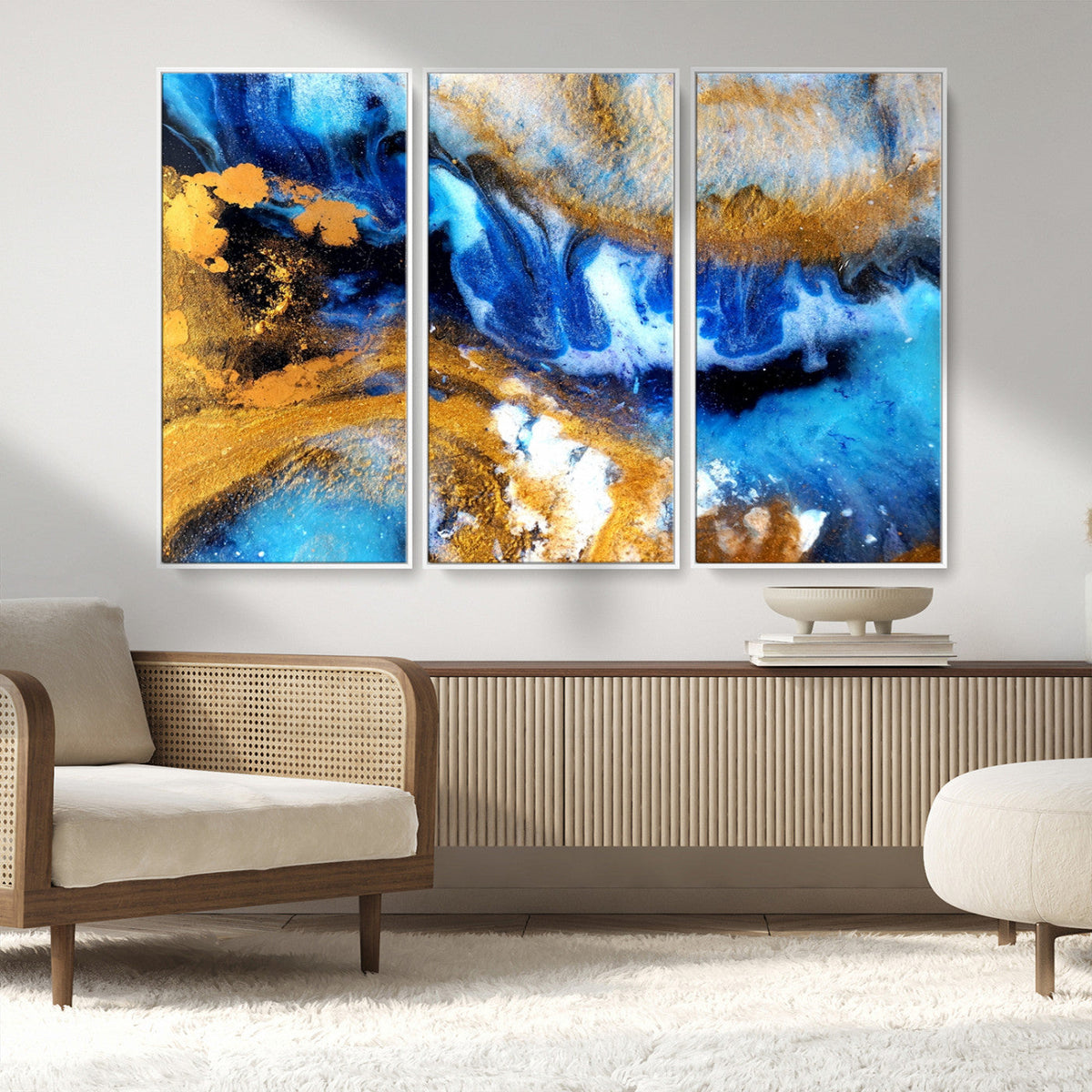 Blue Orange Marble Fluid Effect Canvas Wall Art Print